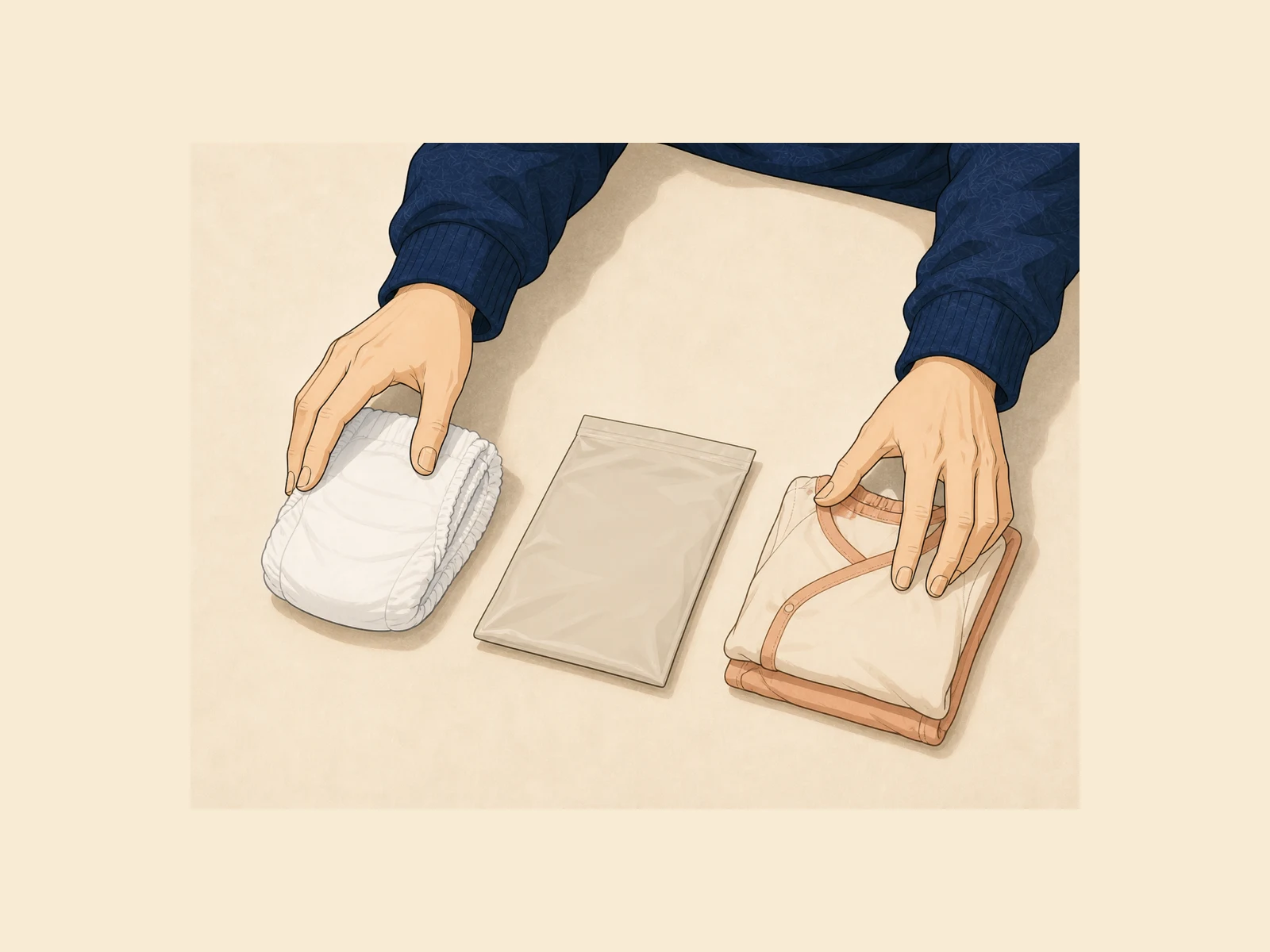 おむつと着替えを父親の手が並べている
