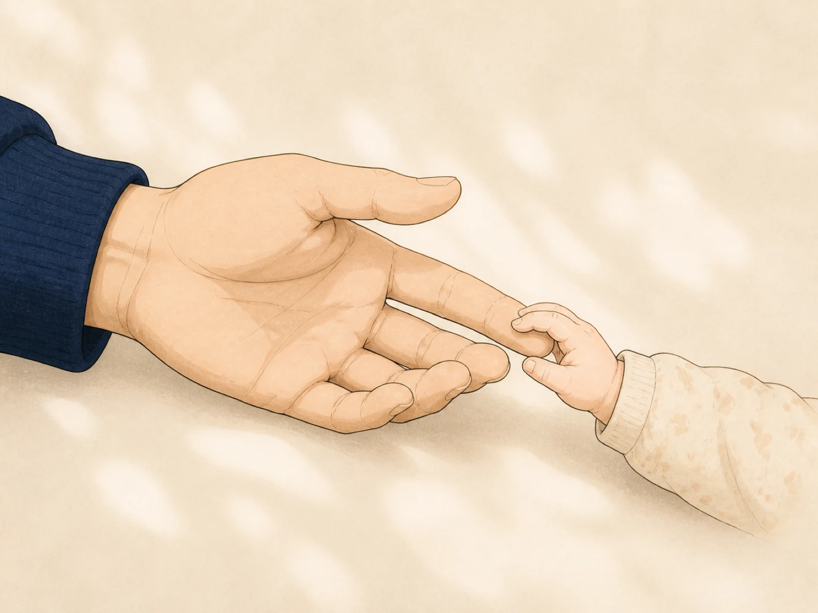 父親の大きな手に新生児の小さな手が触れている
