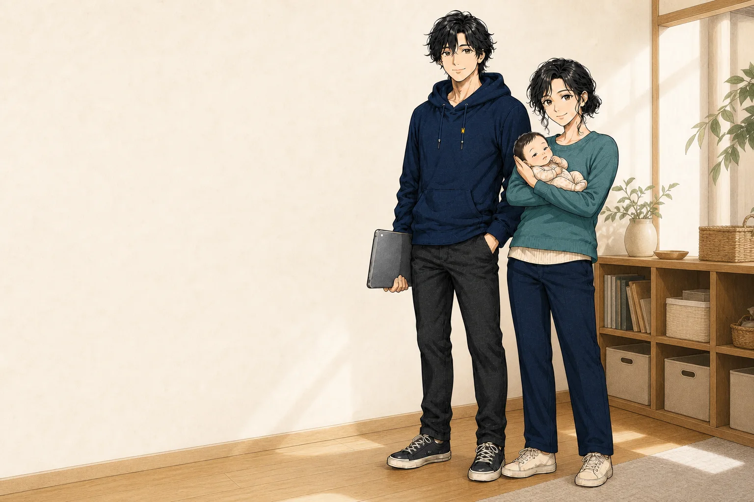 ちんぺい、妻、安全に横抱きされた新生児の家族3人